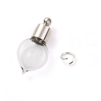 Glass Bottle Pendants, with Brass Findings, Openable Perfume Bottle, Refillable Bottles, Heart Shape, Platinum, 28.5mm