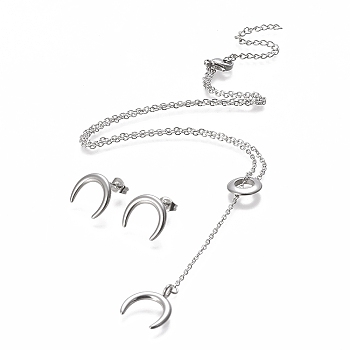304 Stainless Steel Jeweley Sets, Cable Chain Lariat Necklaces and Stud Earrings, with Lobster Claw Clasps and Ear Nuts, Crescent/Double Horn, Stainless Steel Color, 18.11 inch(46cm), 14x12.5mm, Pin: 0.7mm