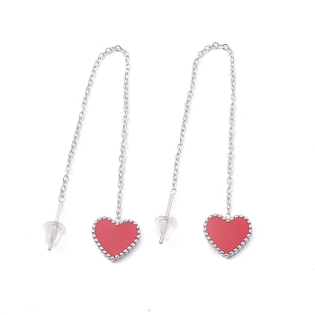 Long Chain with Enamel Heart Dangle Stud Earrings, 304 Stainless Steel Ear Thread for Women, Stainless Steel Color, Indian Red, 101mm, Pin: 1mm