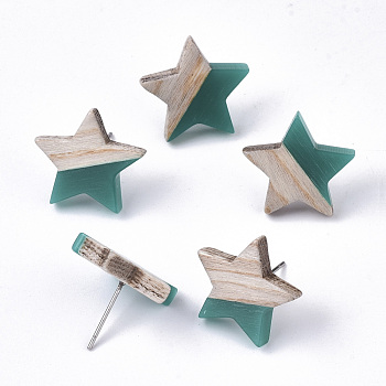 Resin & Wood Stud Earrings, with 304 Stainless Steel Pin, Star, Dark Cyan, 17x18mm, Pin: 0.7mm