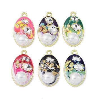 Rack Plating Alloy Enamel Pendants, with Resin, ABS Imitation Pearl Beads, Rhinestone and Glass Beads, Cadmium Free & Nickel Free & Lead Free, Oval, Mixed Color, 34x20x9mm, Hole: 2.5mm