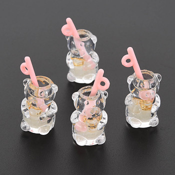 Imitation Bubble Tea/Boba Milk Tea Transparent Resin Pendants, Boba Polymer Clay inside, with Acrylic Cup and Gold Foil, Bear, Old Lace, 28.5~31.5x14x13mm, Hole: 1.8mm