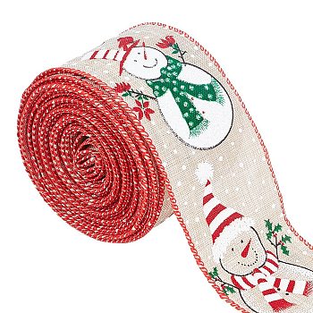 Printed Polyester Imitation Linen Wrapping Ribbon, for Christmas Crafts Decoration, Floral Bows Craft, Snowman Pattern, Red, 64x1mm, about 9.95 Yards(9.1m)/Roll