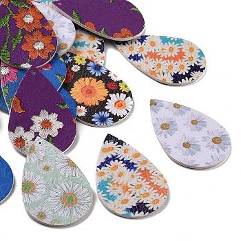 PU Leather Big Pendants, Teardrop with Flower Pattern, Mixed Color, 55x35x2mm, Hole: 2mm