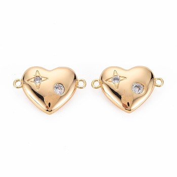Brass Micro Pave Clear Cubic Zirconia Connector Charms, Nickel Free, Heart, Real 18K Gold Plated, 15x21x5mm, Hole: 1.6mm