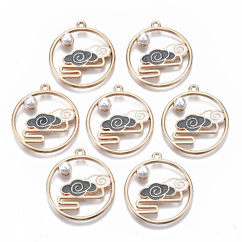 Chinese Style Alloy Pendants, with Enamel and ABS Plastic Imitation Pearl, Flat Round with Cloud, Cadmium Free & Lead Free, Light Gold, Slate Gray, 29.5x26.5x6mm, Hole: 1.6mm