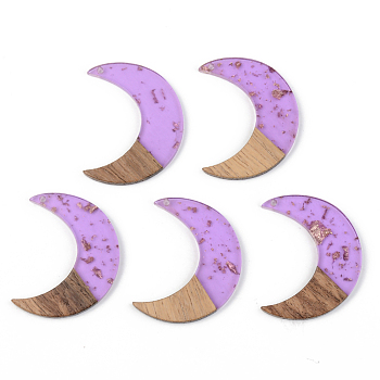 Transparent Resin & Walnut Wood Pendants, with Gold Foil, Moon, Lilac, 38x30x3mm, Hole: 2mm