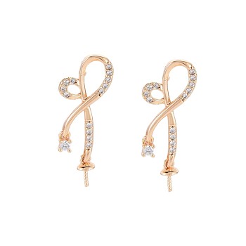 Brass Micro Pave Clear Cubic Zirconia Stud Earring Findings, for Half Drilled Beads, Nickel Free, Real 18K Gold Plated, 25.5x10.5mm, Pin: 0.6mm, pin: 0.6mm(for half drilled beads)