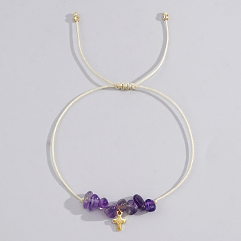 Bohemian Style Cross Natural Amethyst Braided Beaded Bracelets for Women