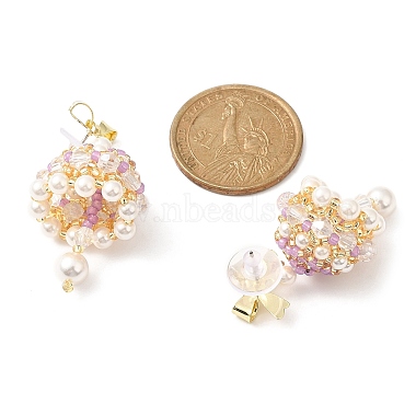 Cloche de perles de coquille naturelle avec boucles d'oreilles pendantes en alliage avec nœud papillon(EJEW-MZ00089)-3