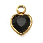 304 Stainless Steel with Rhinestone Pendants, Ion Plating(IP), Heart, Jet, 9.5x6.5x4.5mm, Hole: 1.6mm(X-STAS-Q346-01G-05)