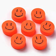 Handmade Polymer Clay Beads, for DIY Jewelry Crafts Supplies, Flat Round with Smiling Face, Orange Red, 9x4~5mm, Hole: 1.6mm(CLAY-N008-031I)