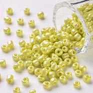6/0 Opaque Colors Lustered Round Glass Seed Beads, Yellow, Size: about 4mm in diameter, hole:1.5mm, about 495pcs/50g(X-SEED-A012-4mm-122)