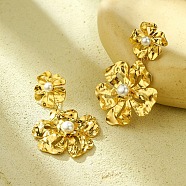 304 Stainless Steel Flower Dangle Stud Earrings for Women, with Imitation Pearl, Golden, 69x41.5mm(EJEW-U023-04G-01)