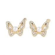 UV Plating Alloy Pendants, with Rhinestone and ABS Plastic Imitation Pearl Beads, Lead Free & Cadmium Free, Butterfly, Golden, 17x19x6mm, Hole: 2mm(FIND-M018-04G)