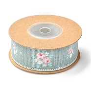 Burlap Ribbon, Flower Pattern, for Gifts Wrapping Party Decorating, Cadet Blue, 1 inch(25mm), about 5.4yards(5m)/roll(SRIB-F010-02C)