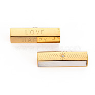 304 Stainless Steel Beads, with Shell and Rhinestone, Hexagonal Prism with Word Love & Happy, Real 14K Gold Plated, 25.5x9x8mm, Hole: 1.6mm(STAS-S116-280G)