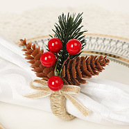 Christmas Plastic Napkin Rings, Wrapped with Jute Twines, with Artificial Pine Cones, Saddle Brown, 45mm, Surface: 85x75mm, Inner Diameter: 35mm(XMAS-PW0001-283A)