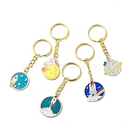 Space Theme Alloy Enamel Flat Round Pendant Keychain, with Iron Ring, Mixed Color, 7.85~8.6cm(KEYC-JKC00390)