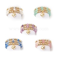 3Pcs 3 Style Natural Gemstone & Brass Beaded Finger Rings with 304 Stainless Steel Heart Charms for Women, US Size 7 3/4(17.9mm), 1Pc/style(RJEW-JR00471)
