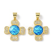Brass Micro Pave Cubic Zirconia Pendants, with Synthetic Opal, Cross, Real 18K Gold Plated, 19x17x3.5mm, Hole: 4.5x4mm(KK-A197-18G)