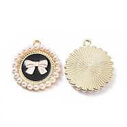 Alloy Enamel Pendants, with Plastic Imitation Pearl, Light Gold, Flat Round with Bowknot Charm, Black, 28x25x4mm, Hole: 2mm(ENAM-G213-08LG-02)