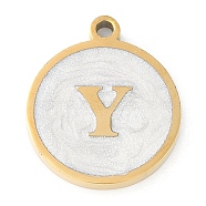 Ion Plating(IP) 201 Stainless Steel Pendants, with White Enamel, Real 18K Gold Plated, Flat Round with Letter, Letter Y, 18.5x15.5x2mm, Hole: 1.6mm(STAS-K288-02G-Y)