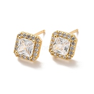 Clear Cubic Zirconia Square Stud Earrings, Long-Lasting Plated Brass Jewelry for Women, Cadmium Free & Lead Free, Real 18K Gold Plated, 8x8mm, Pin: 1mm(EJEW-K093-19G)
