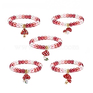 Red Glass Pearl Beaded Stretch Bracelet with Alloy Enamel Mushroom Charm for Women, Mixed Patterns, Inner Diameter: 2-1/8 inch(5.4cm)(BJEW-JB08711)