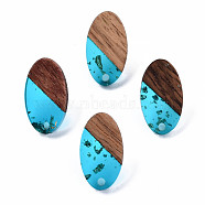 Transparent Resin & Walnut Wood Stud Earring Findings, with 304 Stainless Steel Pin and Gold Foil, Oval, Deep Sky Blue, 20x11mm, Hole: 1.8mm, Pin: 0.7mm(MAK-N032-005A-F01)