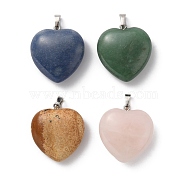 Natural Mixed Stone Pendants, Heart Charms, with Rack Plating Platinum Tone Brass Snap on Bails, 32~33x30~31x12~13mm, Hole: 5x8mm(G-B042-02P)