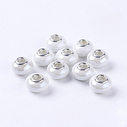 Handmade Porcelain European Beads, with Silver Color Brass Double Cores, Rondelle, White, 15x10~11mm, Hole: 5mm(OPDL-G001-16)