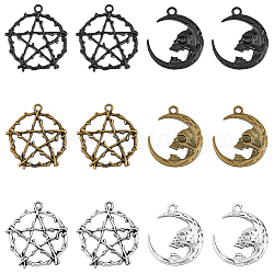 30Pcs 6 Styles Alloy Pendants, Moon with Skull & Ring with Star Pattern, Mixed Color, 27~28x23.5~26x3~4mm, Hole: 2~2.3mm, 5pcs/style(FIND-FH0007-06)