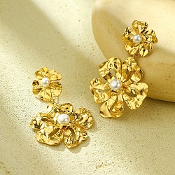 304 Stainless Steel Flower Dangle Stud Earrings for Women, with Imitation Pearl, Golden, 69x41.5mm(EJEW-U023-04G-01)