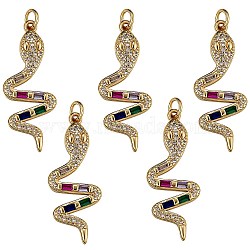 5Pcs Brass Micro Pave Cubic Zirconia Pendants, for DIY Jewelry Making, with Jump Rings, Snake, Colorful, Golden, 32.5x12.5x2.5mm, Hole: 3.5mm(ZIRC-SZ0002-95)