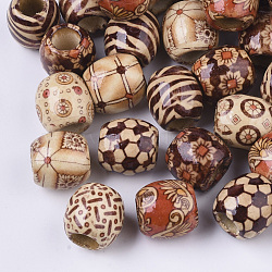 Printed Natural Wood Large Hole Beads, Barrel, Lead Free, Mixed Color, 16x14.5~16.5mm, Hole: 7.5mm(WOOD-R251-01-LF)