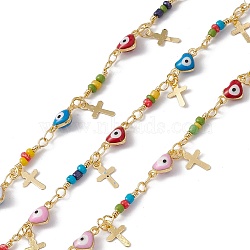 Enamel Heart with Evil Eye Link Chains, with Glass Beaded and Brass Cross Charms, Real 18K Gold Plated, Soldered, Long-Lasting Plated, with Spools, Colorful, 10x5x3.5mm, 14x3mm(CHC-C003-25G-02)