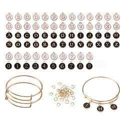 DIY Bangle Making Kits, with Adjustable Brass Expandable Bangle Making and Alloy Enamel Charms, Flat Round with Alphabet/Number, Mixed Color, 2-1/2 inch~2-7/8 inch(6.5~7.4cm), 2pcs/bag, Charm: 92pcs/bag(DIY-TA0002-92)