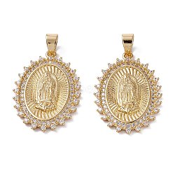 Brass Micro Pave Clear Cubic Zirconia Pendants, Long-Lasting Plated, Oval with Catholic, Real 18K Gold Plated, 32x22.5x3mm, Hole: 4.5x3.5mm(ZIRC-M116-20G)
