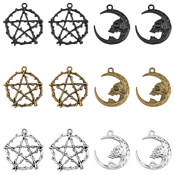 30Pcs 6 Styles Alloy Pendants, Moon with Skull & Ring with Star Pattern, Mixed Color, 27~28x23.5~26x3~4mm, Hole: 2~2.3mm, 5pcs/style