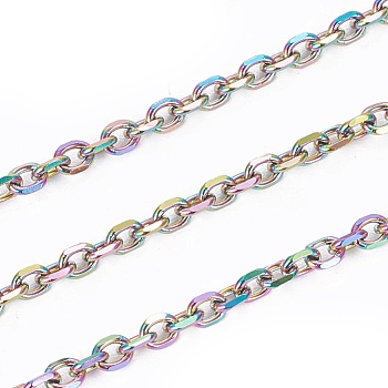 Ion Plating(IP) 304 Stainless Steel Cable Chains, Diamond Cut Chains, with Spool, Soldered, Faceted, Oval, Rainbow Color, 2.5x2x0.5mm, about 32.8 Feet(10m)/roll