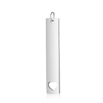 201 Stainless Steel Pendants, Manual Polishing, Rectangle with Heart, Stainless Steel Color, 40x7x1.5mm, Hole: 3mm