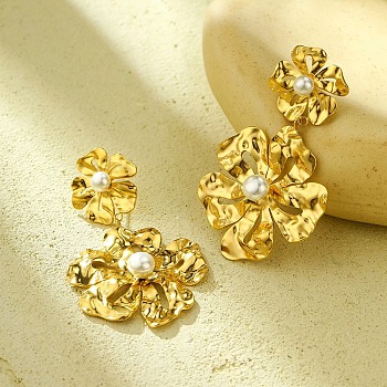 304 Stainless Steel Flower Dangle Stud Earrings for Women, with Imitation Pearl, Golden, 69x41.5mm