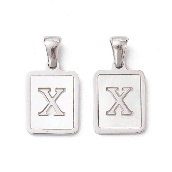 304 Stainless Steel Pave Shell Pendants, Rectangle Charm, Stainless Steel Color, Letter X, 17.5x12x1.5mm, Hole: 3x5mm