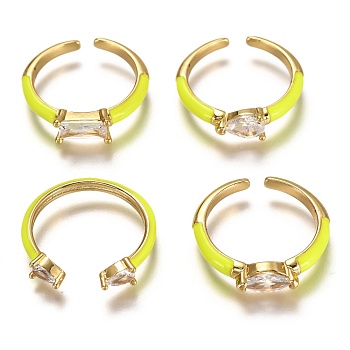Brass Enamel Cuff Rings, Open Rings, with Clear Cubic Zirconia, Mixed Shapes, Real 18K Gold Plated, Long-Lasting Plated, Yellow, US Size 6, Inner Diameter: 17mm