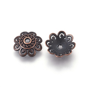 Tibetan Style Alloy Bead Caps,  Nickel Free & Lead Free, Flower, Red Copper, 13.5x3mm, Hole: 2mm