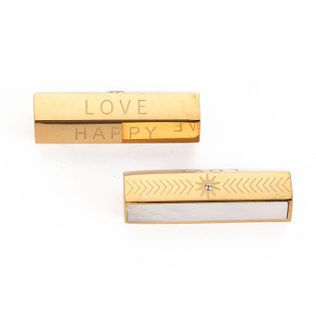 304 Stainless Steel Beads, with Shell and Rhinestone, Hexagonal Prism with Word Love & Happy, Real 14K Gold Plated, 25.5x9x8mm, Hole: 1.6mm