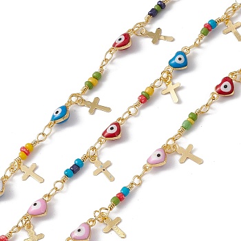 Enamel Heart with Evil Eye Link Chains, with Glass Beaded and Brass Cross Charms, Real 18K Gold Plated, Soldered, Long-Lasting Plated, with Spools, Colorful, 10x5x3.5mm, 14x3mm