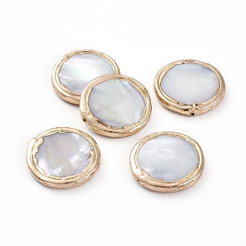 Electroplated Shell Beads, with Golden Plated Edge Brass Findings, Flat Round, 24x24.2x3mm, Hole: 0.8mm