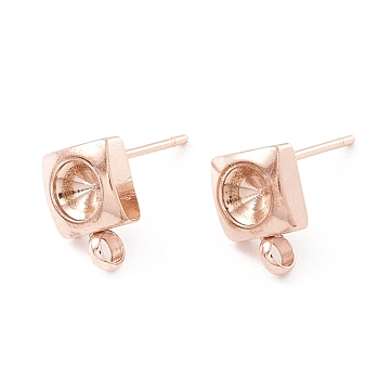 201 Stainless Steel Stud Earring Findings, with 316 Surgical Stainless Steel Pins and Vertical Loops, For Pointed Back Rhinestone, Square, Real Rose Gold Plated, 8.5x6mm, Hole: 1.6mm, Pin: 0.7mm, Tray: 4mm